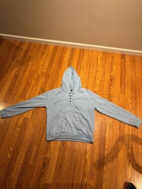 Light Blue Hooded Pullover Sweatshirt with Henley Detail